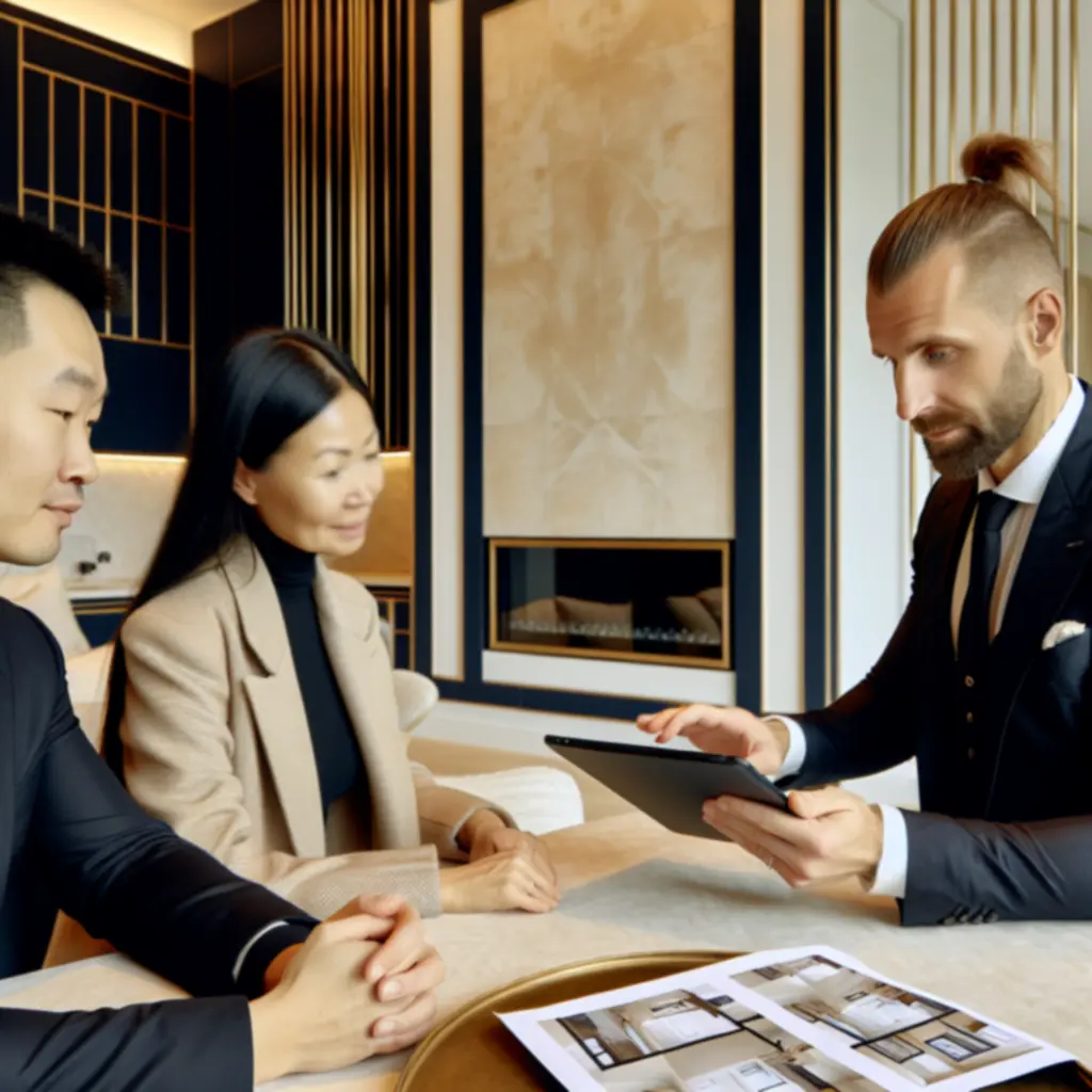 Agent nieruchomości prezentuje luksusową nieruchomość klientom