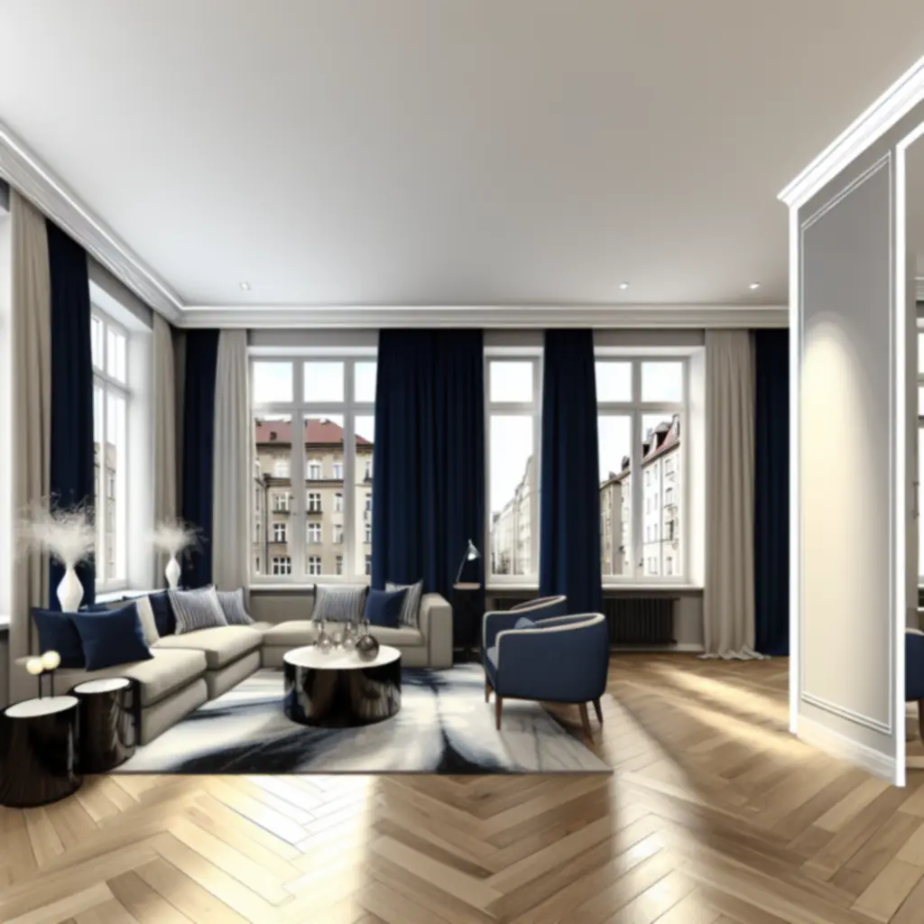 Nowoczesny salon w apartamencie z dużymi oknami i widokiem na miasto