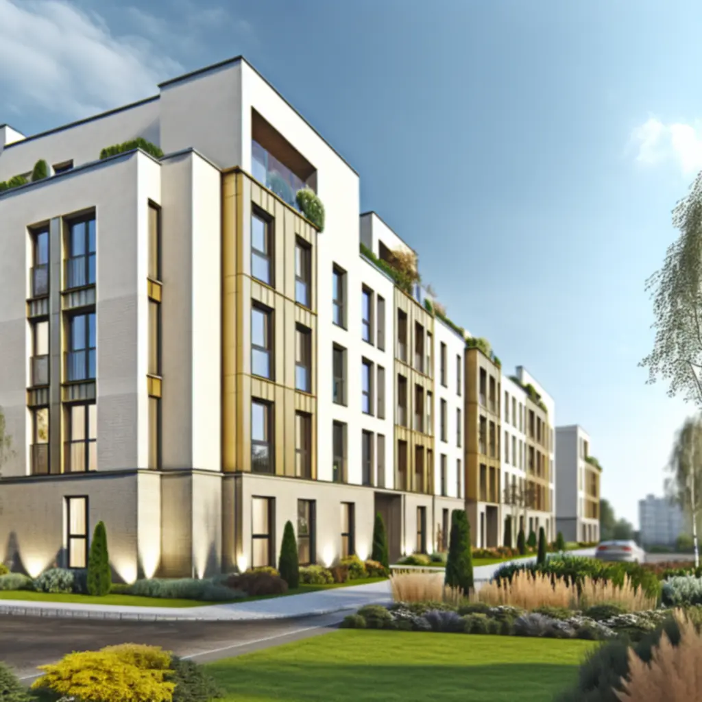 Nowoczesny budynek mieszkalny na tle miasta