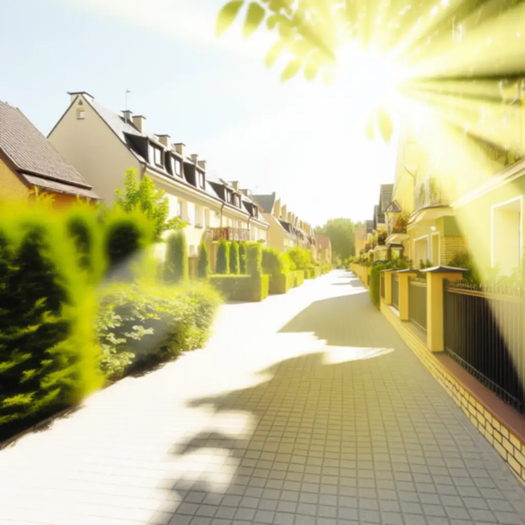 Słoneczna ulica w polskiej dzielnicy mieszkaniowej z zadbaną zabudową i zielenią.