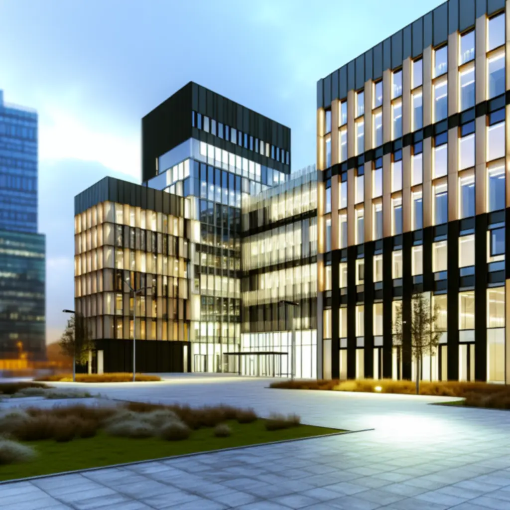 Nowoczesny budynek biurowy w centrum miasta, prezentujący ofertę nieruchomości komercyjnych
