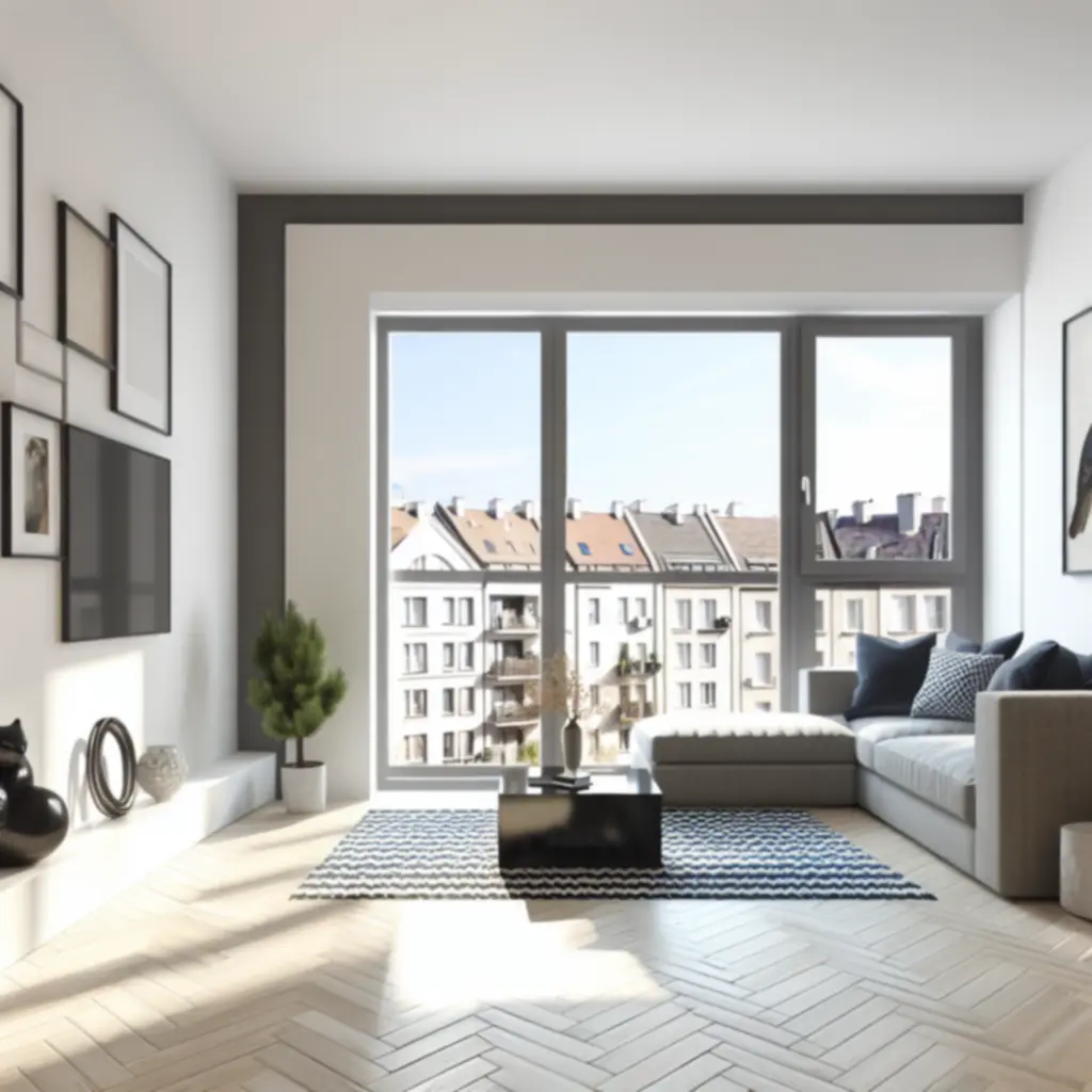 Przestronny salon w polskim mieszkaniu prezentujący eleganckie wykończenie.